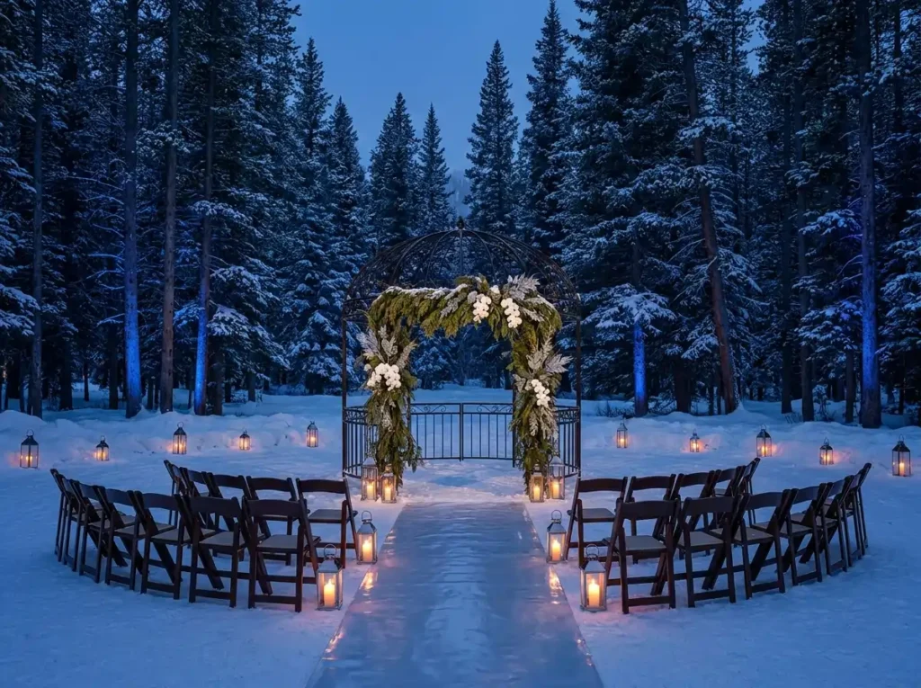Winter wedding ceremony in forest