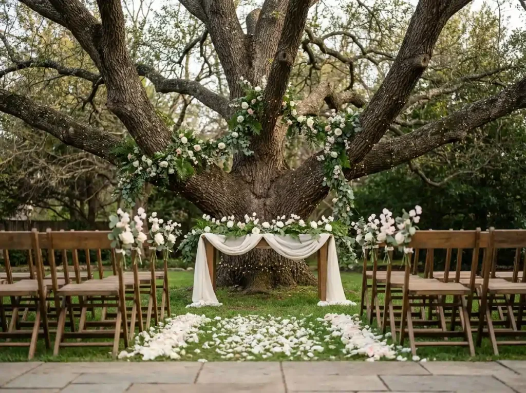 Backyard wedding ceremony under …