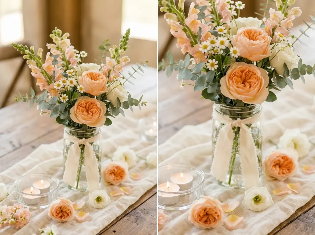 DIY peach jar floral centerpiece