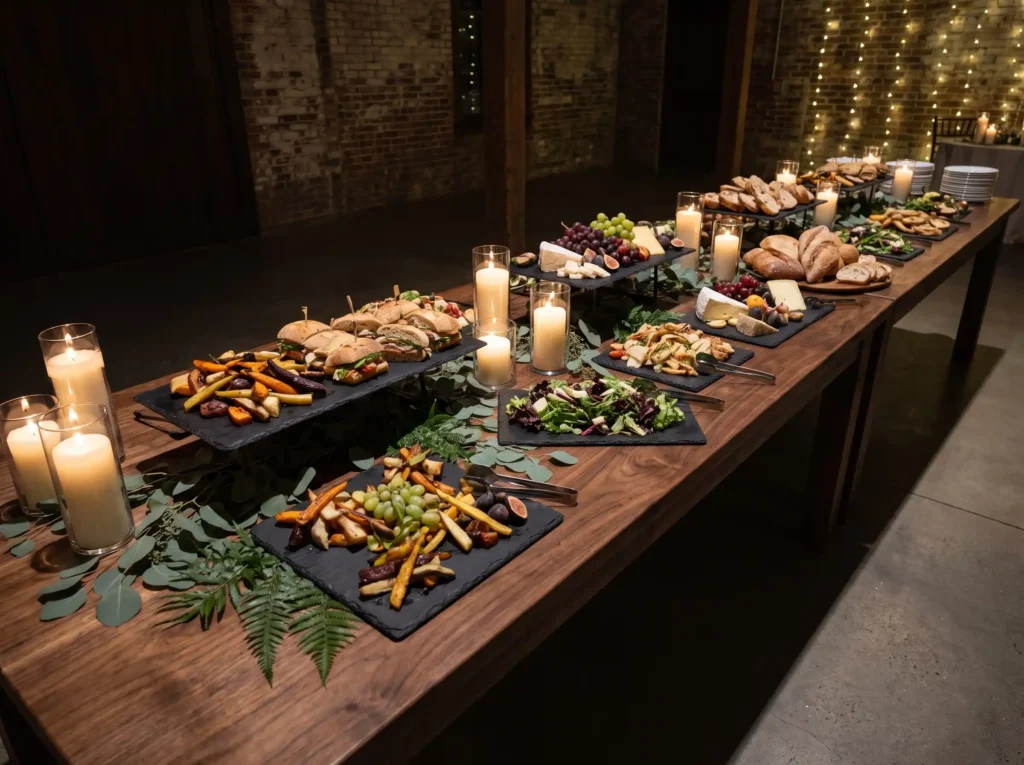 Modern fall wedding buffet setup K