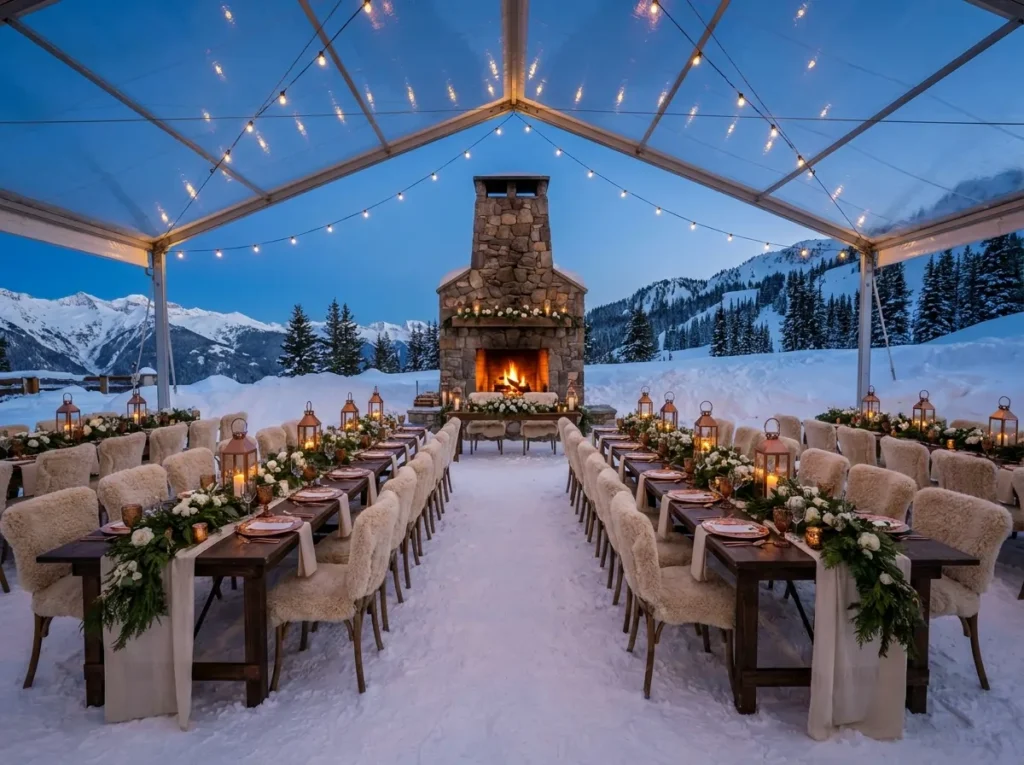 Rustic fireside snow reception