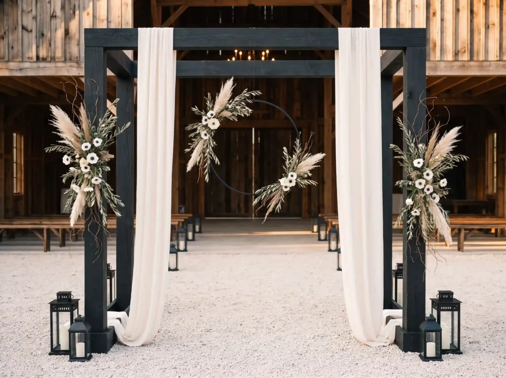 Rustic modern barn wedding ceremony K