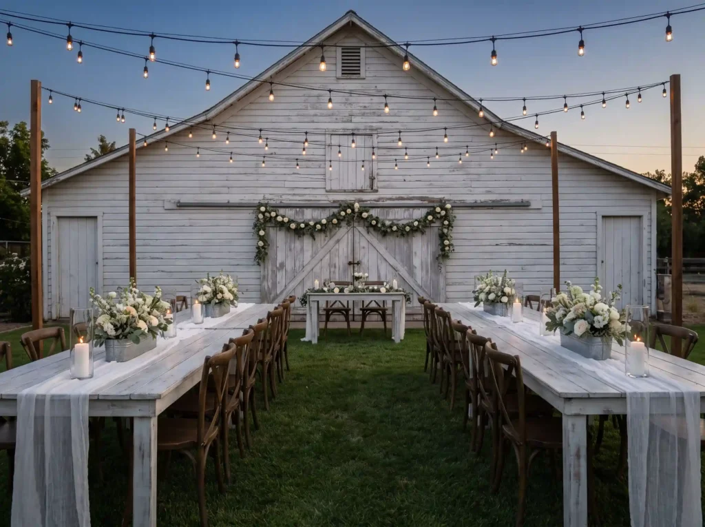 Whitewashed farm wedding reception K