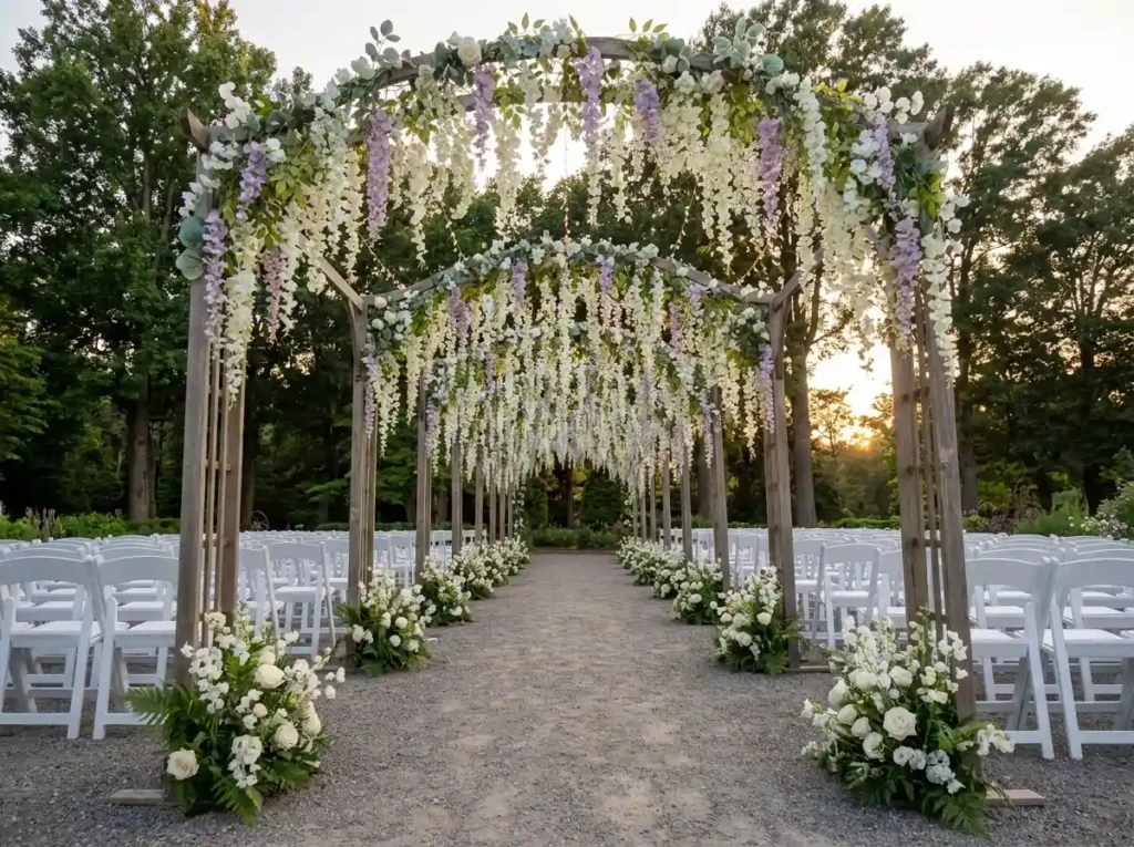Wisteria canopy wedding aisle setup