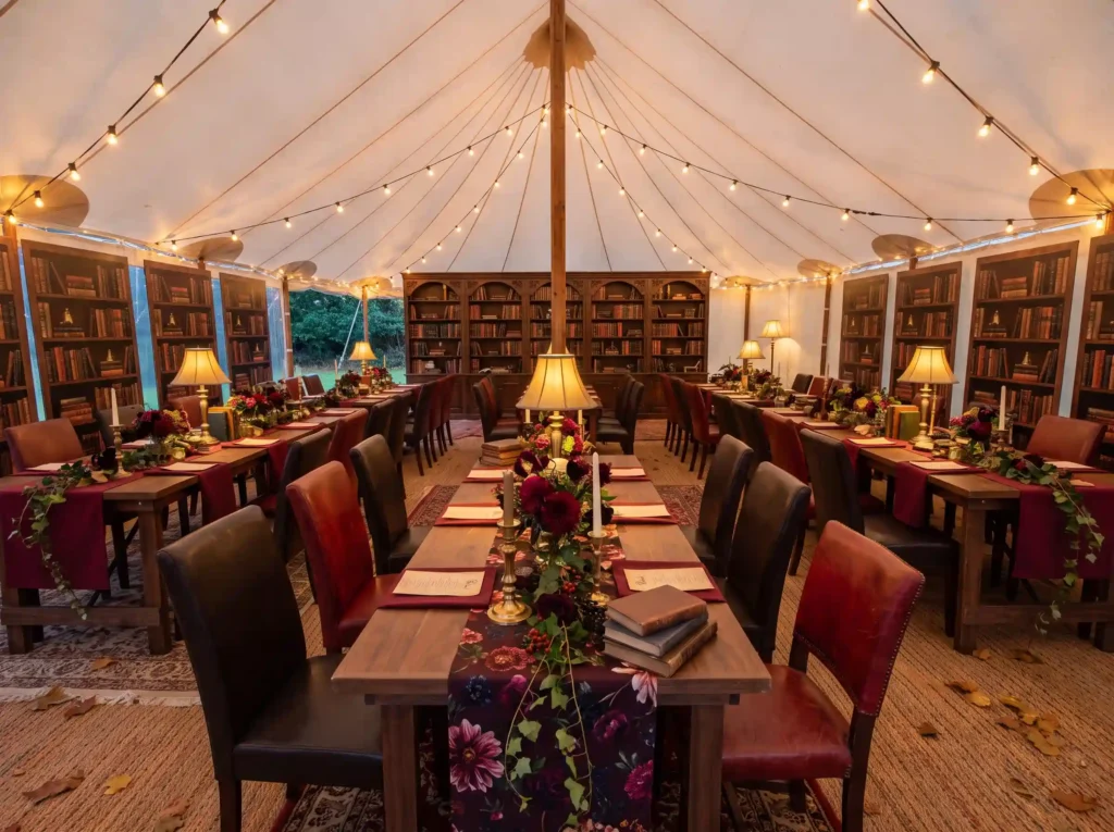 Burgundy library tent autumn dinner K