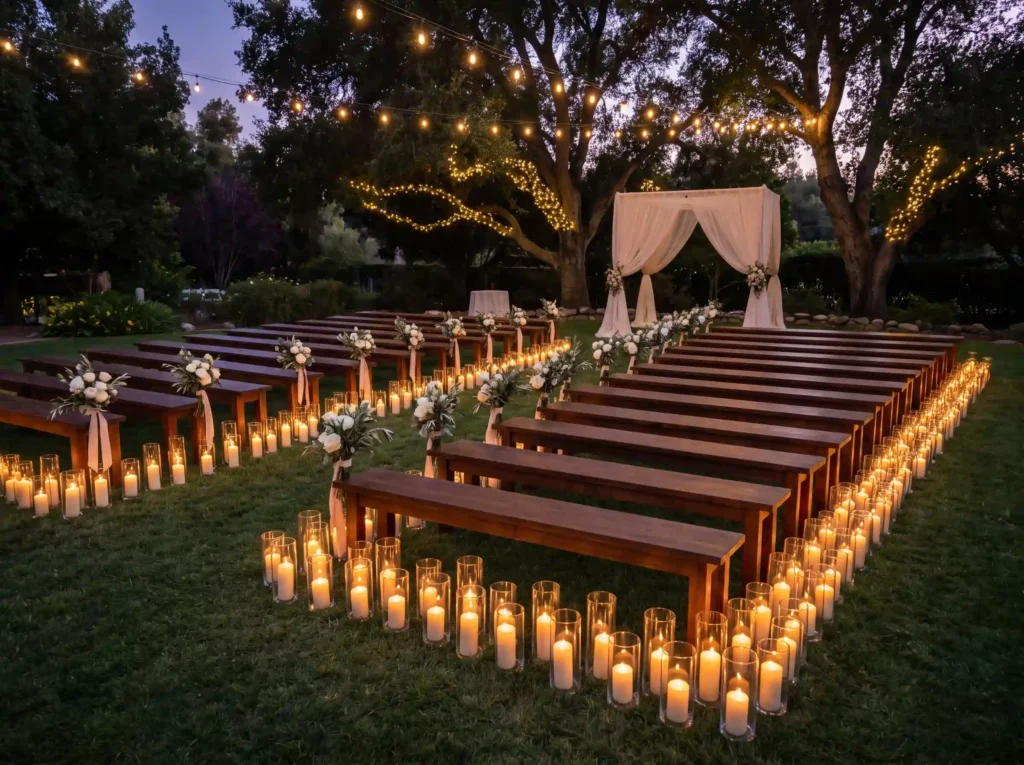 Candlelit bench ceremony aisle K
