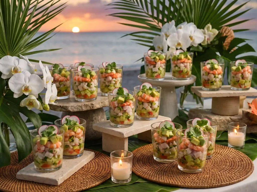Ceviche station at beach wedding K