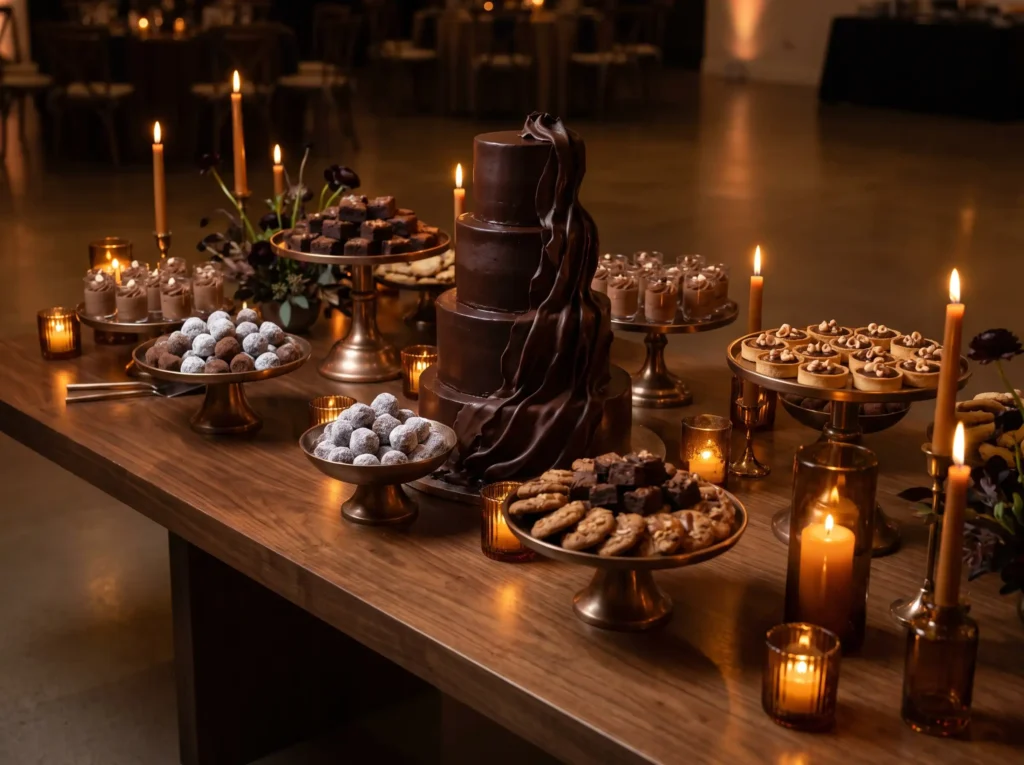 Chocolate dessert table at wedding K