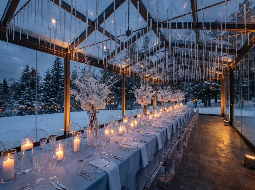 Winter wedding reception in glas…