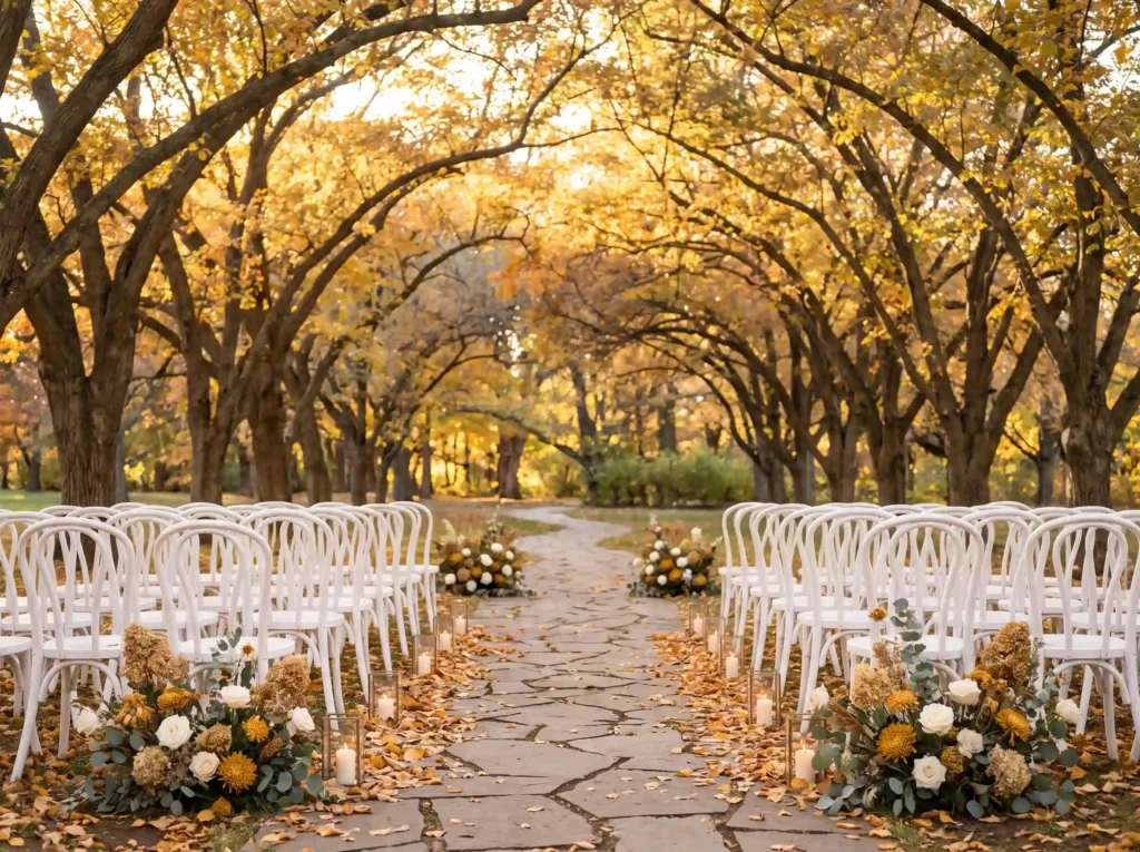 Autumn wedding ceremony under trees K
