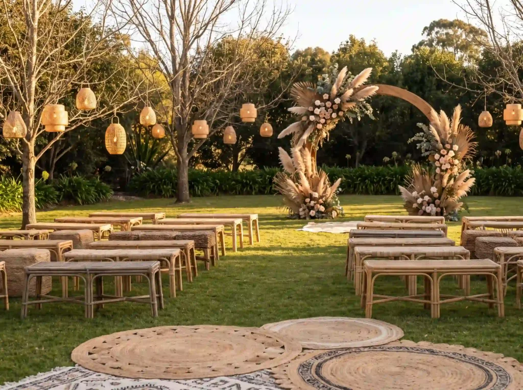 Bohemian garden ceremony setup K