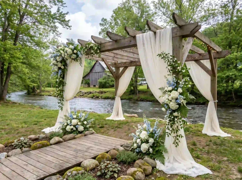 Creekside pergola draped with fa… K