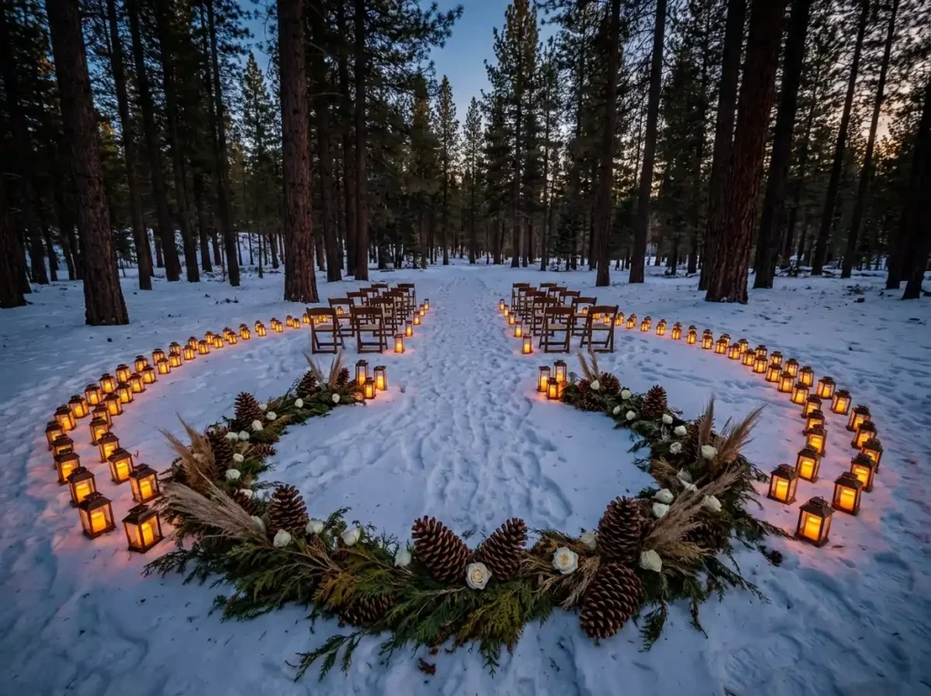 Woodland ceremony path with lant…