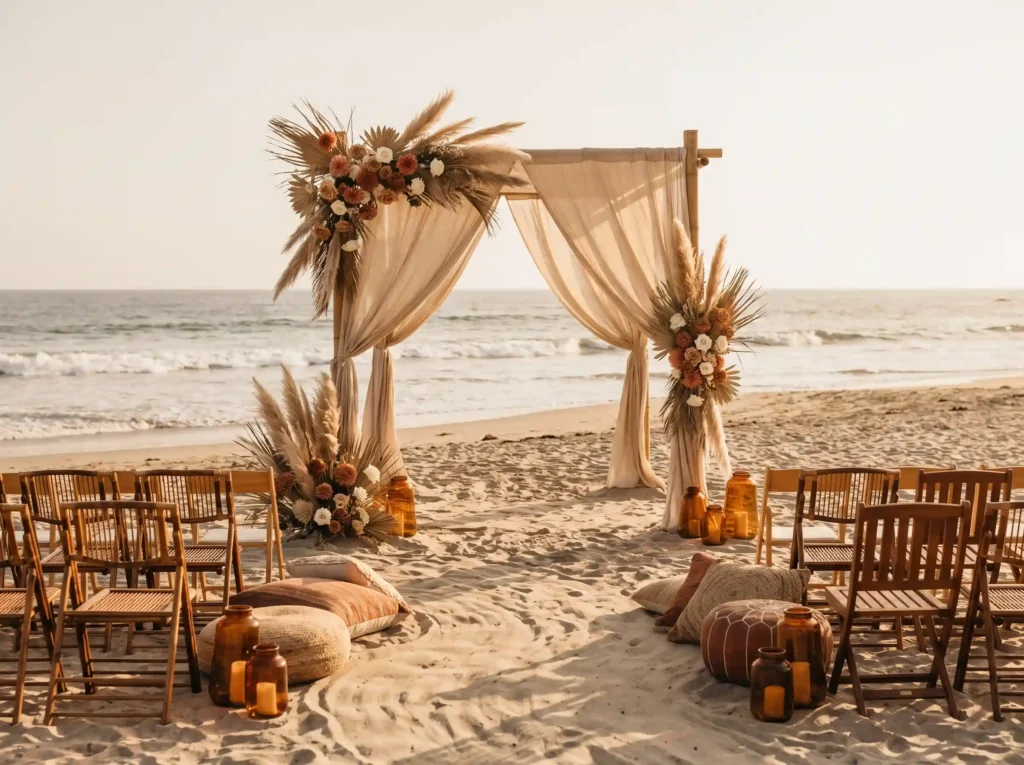 Bohemian beach ceremony setup K