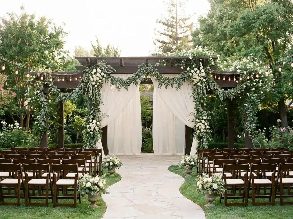 Greenery draped wooden wedding p…