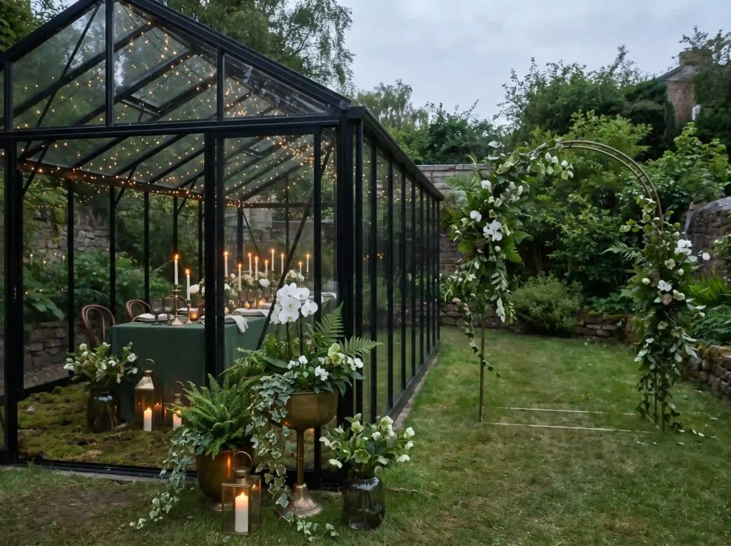 Greenhouse wedding dinner setup K