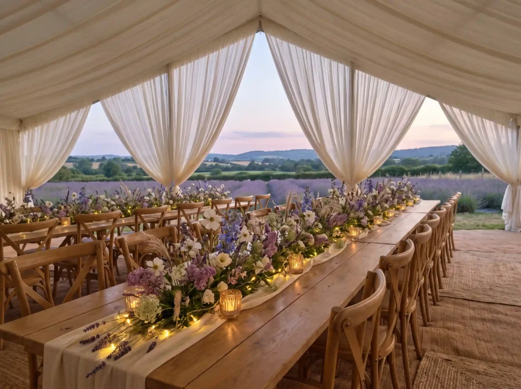 Lavender meadow wedding tent setup K