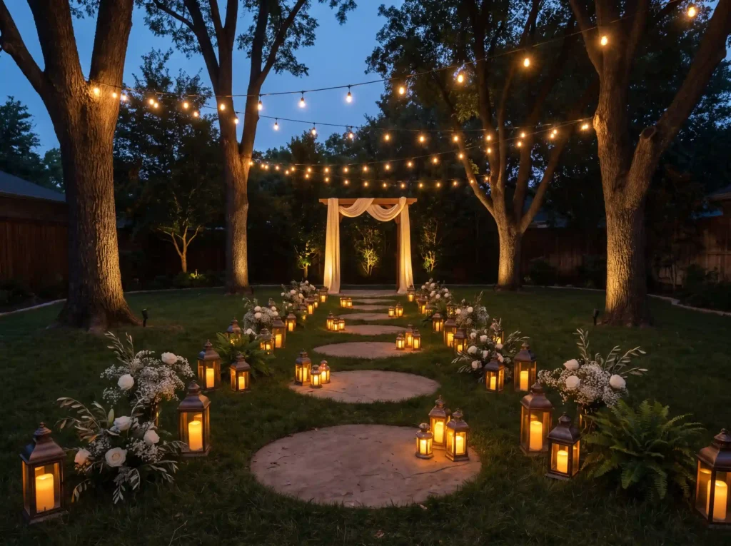 Lantern lined wedding garden dusk K