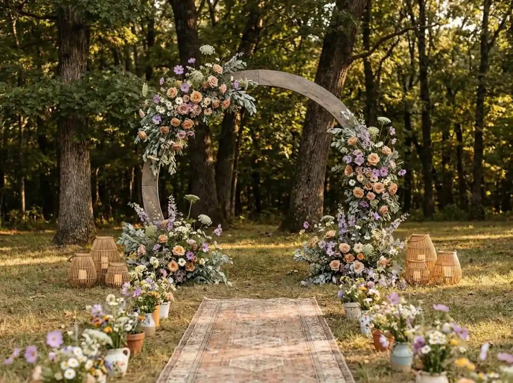Woodland wedding arch with wildf…