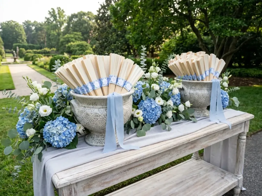 Blue hydrangea fan display