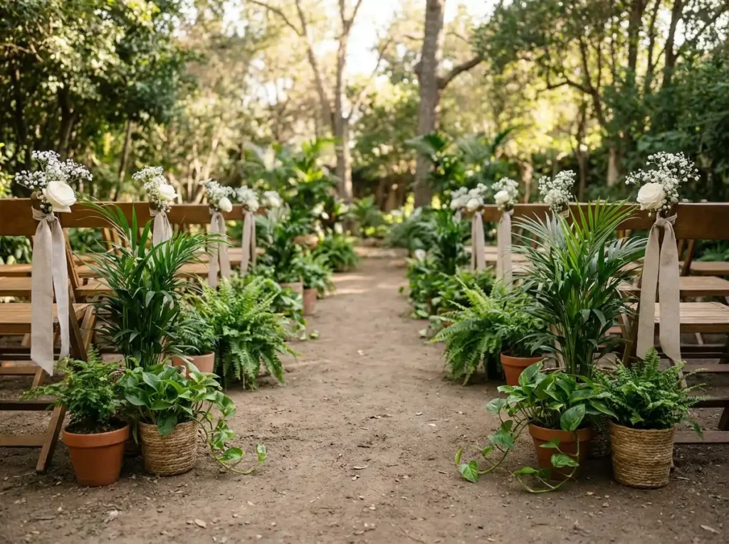 Potted plants line wedding aisle