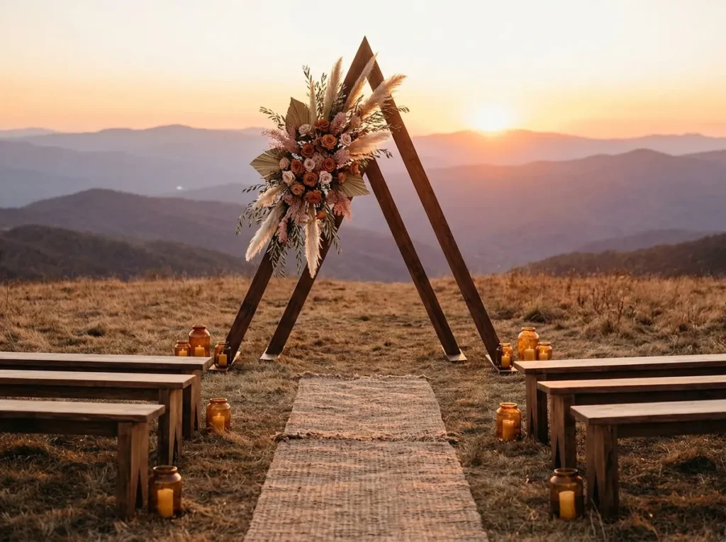 Triangular wedding arbor with fl…