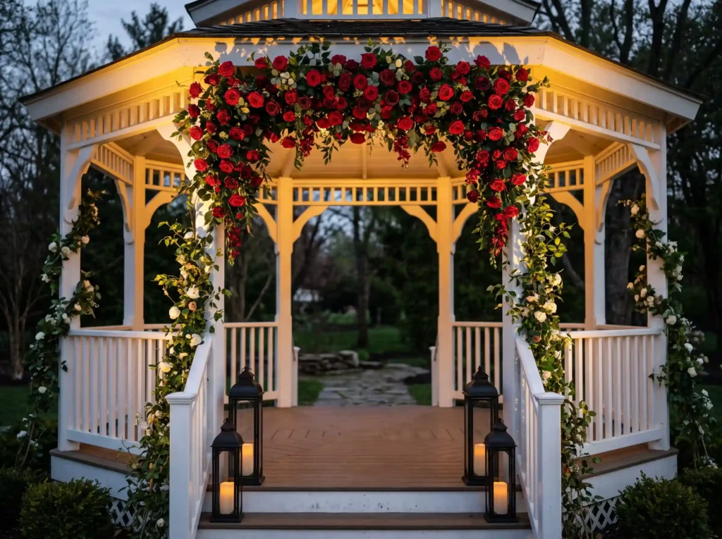 Red roses decorating white gazebo K