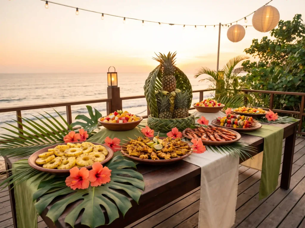 Tropical sunset BBQ table setup K