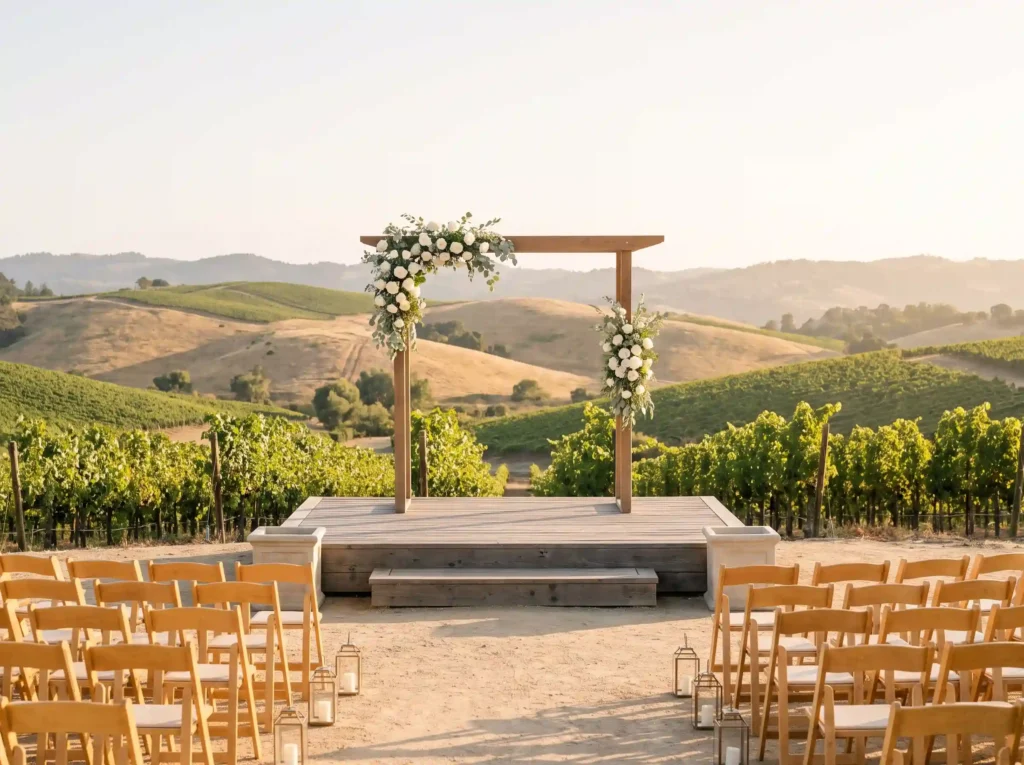 Vineyard wedding ceremony setup K