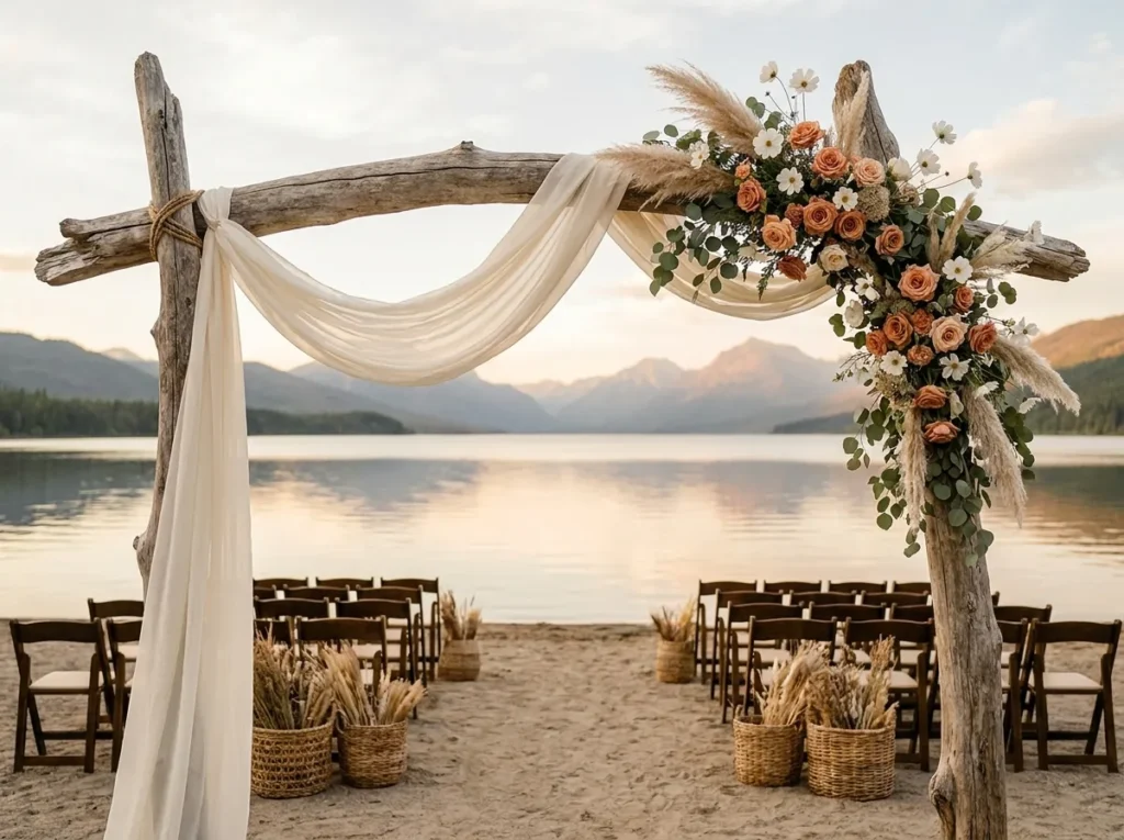 Driftwood arch at lakeside ceremony