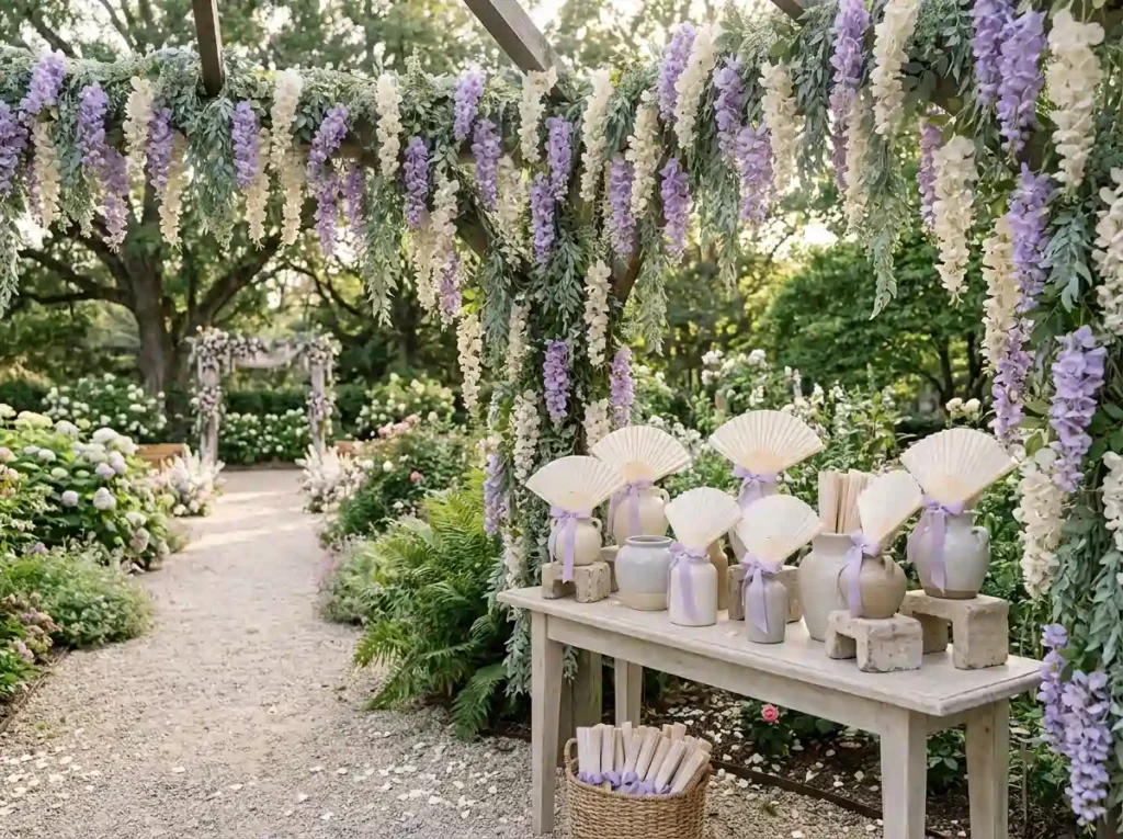 Fan station beneath wisteria canopy