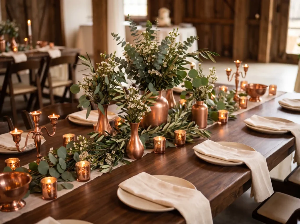 Copper and eucalyptus table setup K