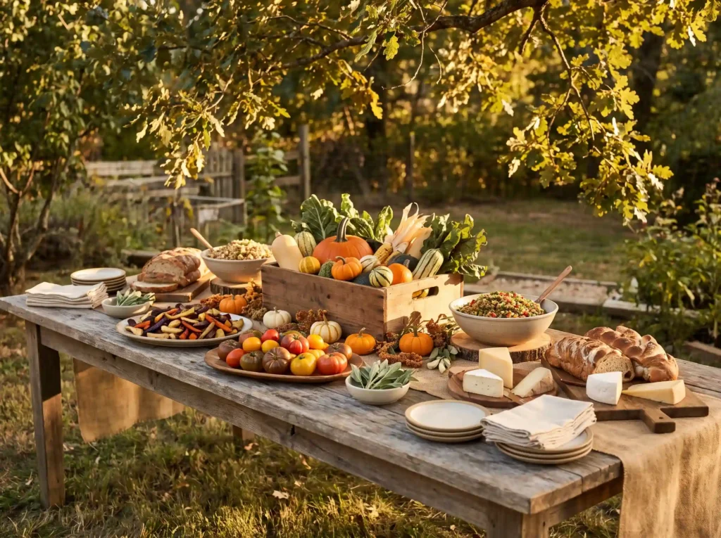 Farmhouse harvest table with food K