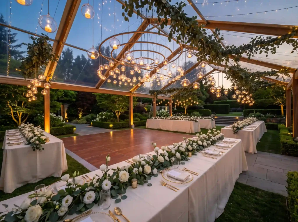 Glass orbs suspended over wedding K