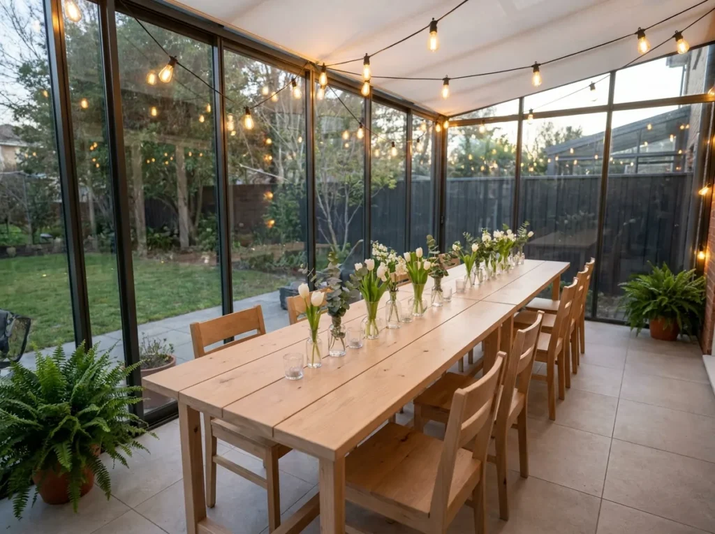 Greenhouse wedding reception setup