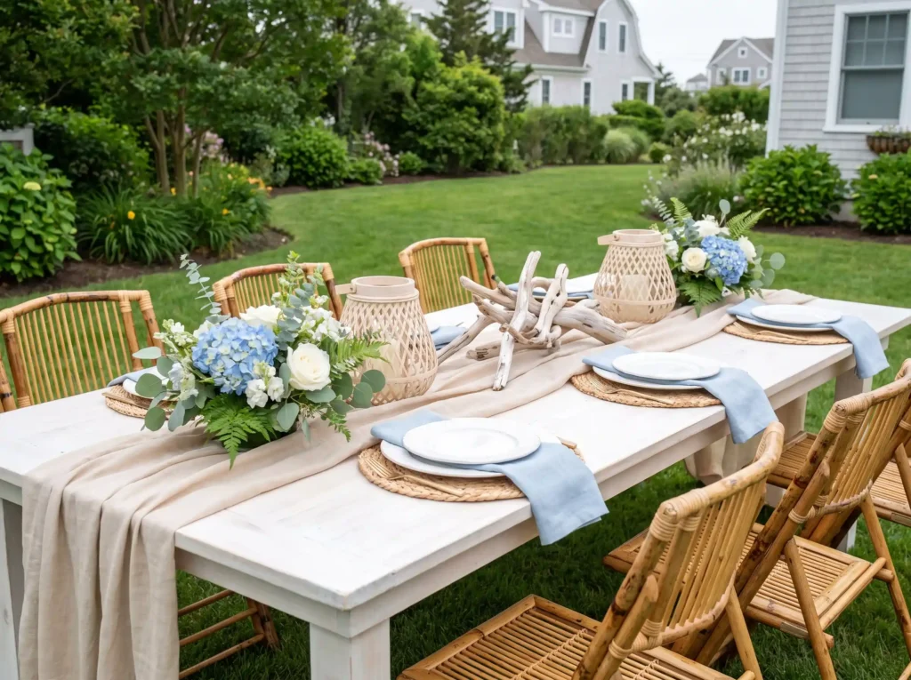 Coastal white garden party setup K