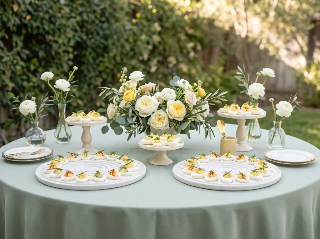 Arranging deviled eggs on trays K