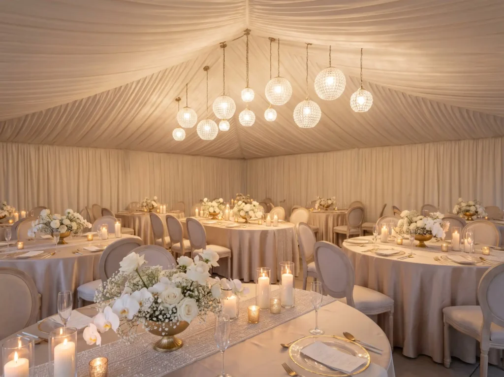 Champagne and pearl reception setup K