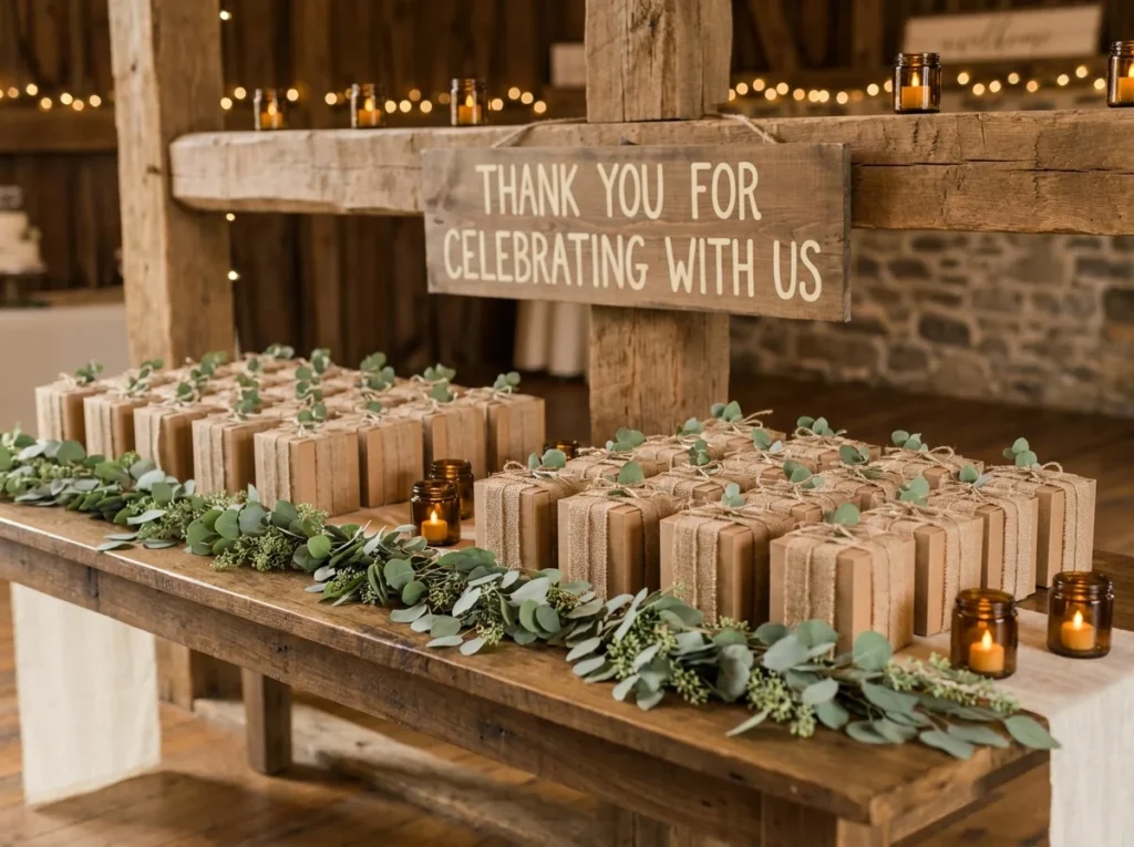 Rustic wedding favor station dis…