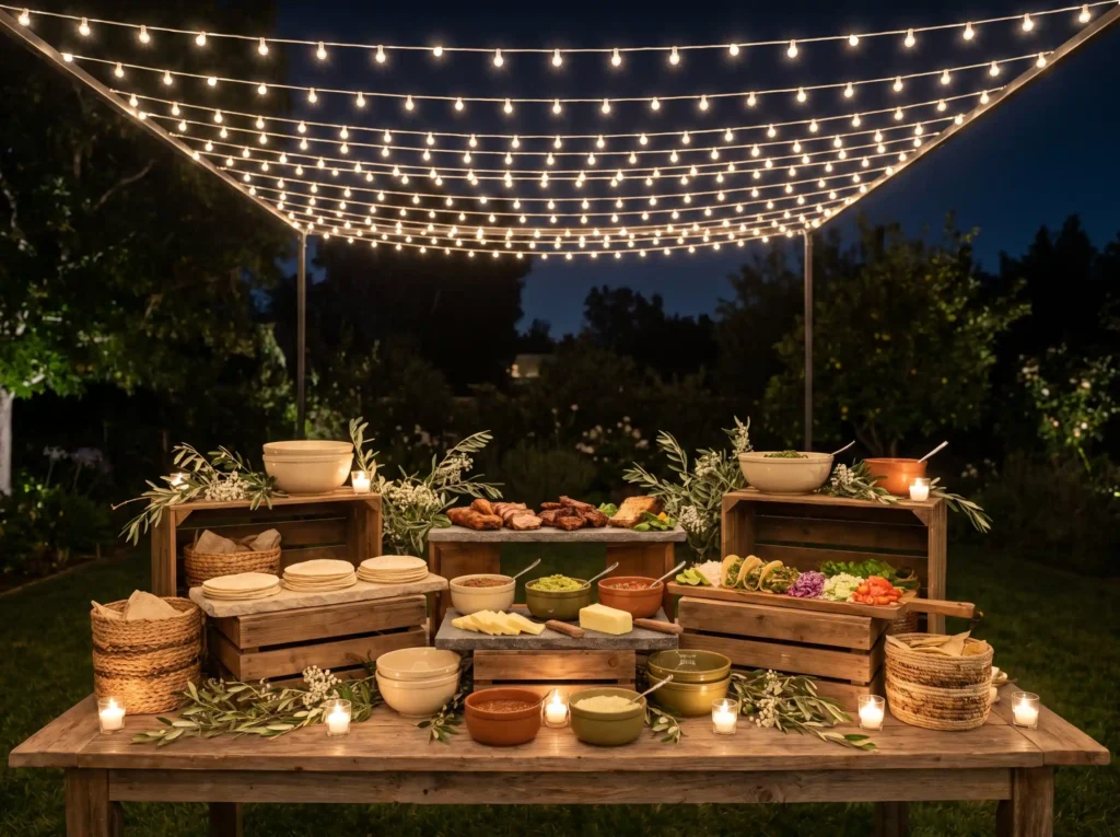 Taco bar under string lights K