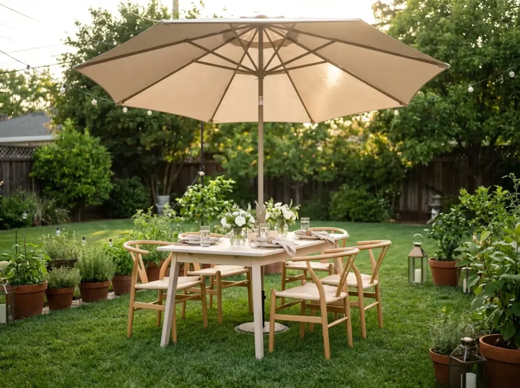 Umbrella backyard wedding recept…