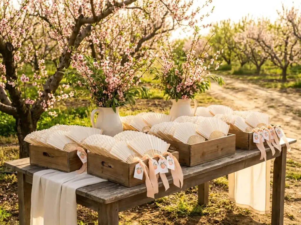 Peach orchard fans display setup