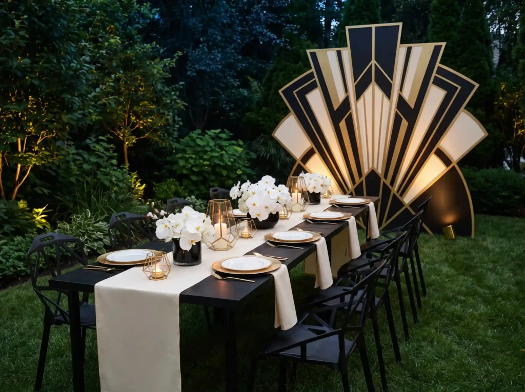 Art Deco garden dinner setup K