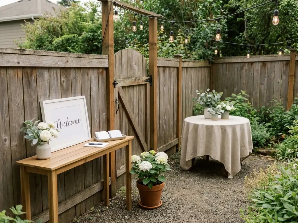 Backyard wedding welcome display…