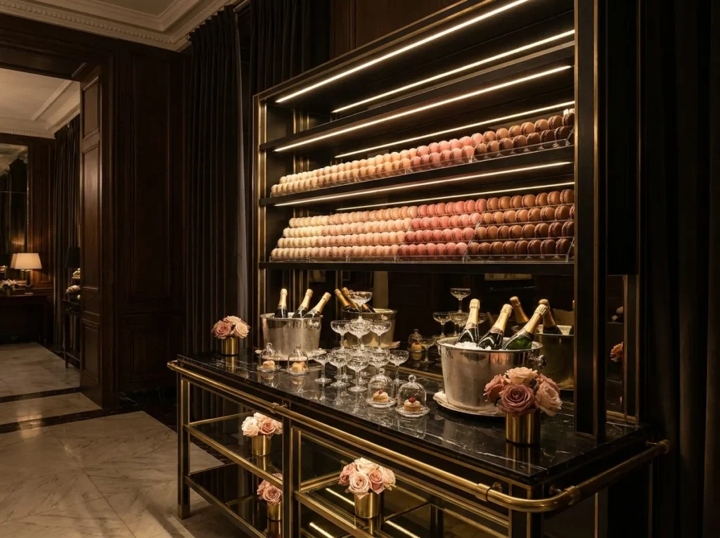 Champagne and macaron station di…