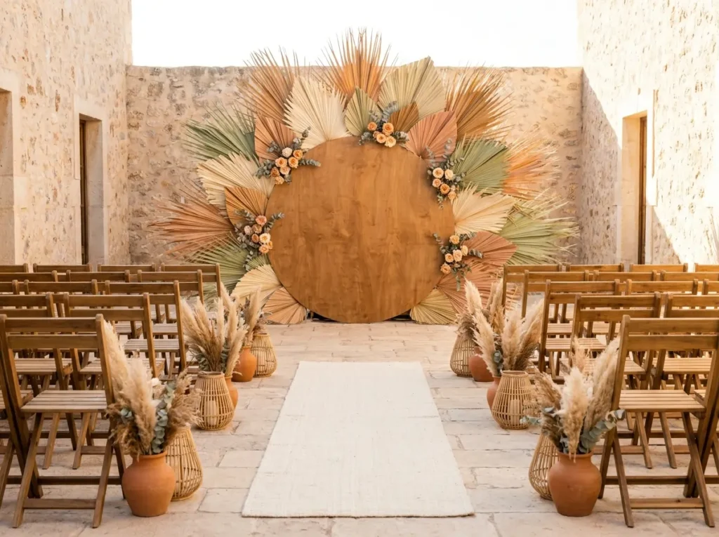 Dried palm sunburst wedding altar
