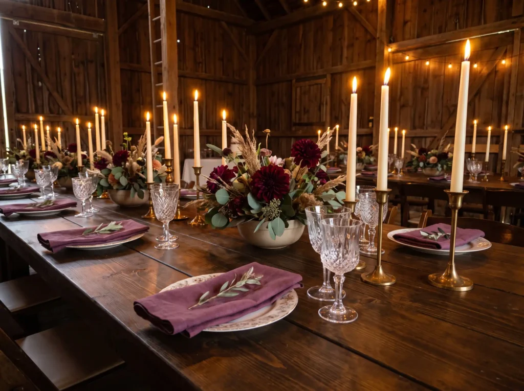 Plum candle table setup K