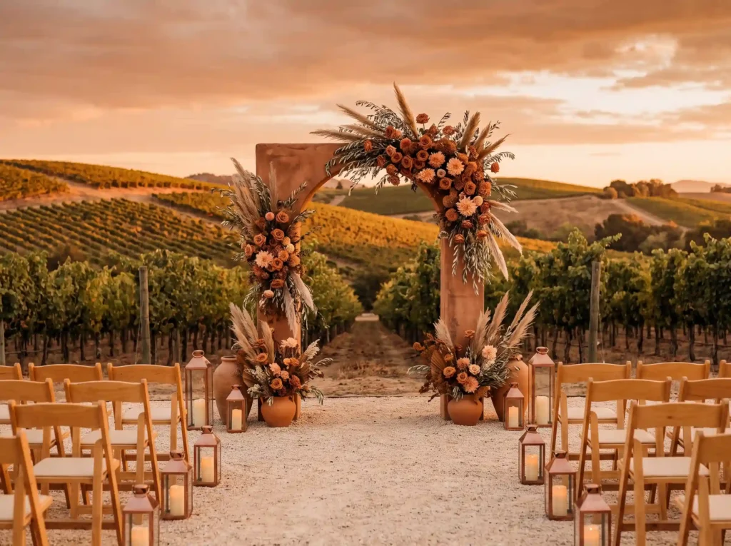 Terracotta arch at vineyard wedding K