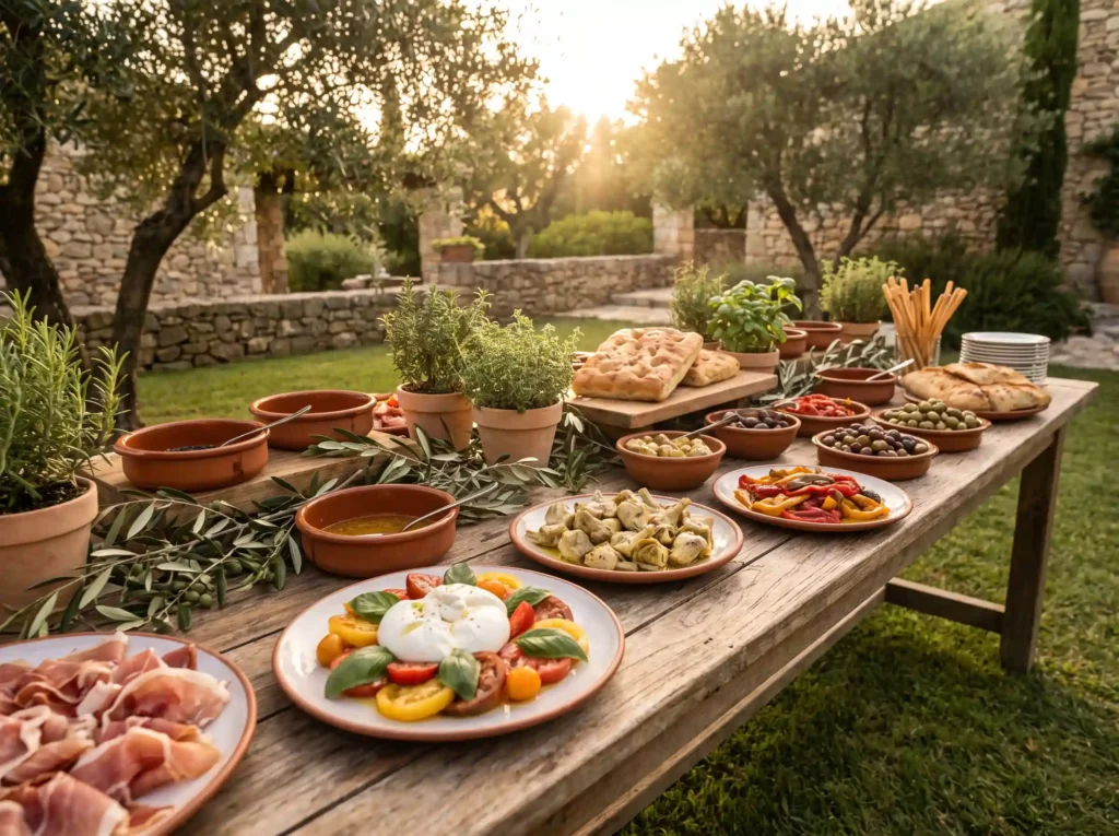 Antipasto station on wooden table K