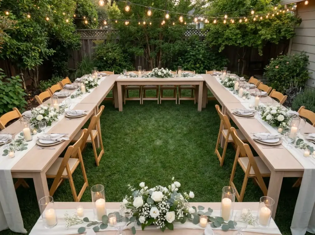 Backyard dinner table arrangement
